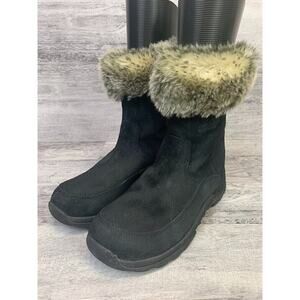 L.L. Bean Womens Short Black Suede Boots With Faux Fur Trim Size 6M